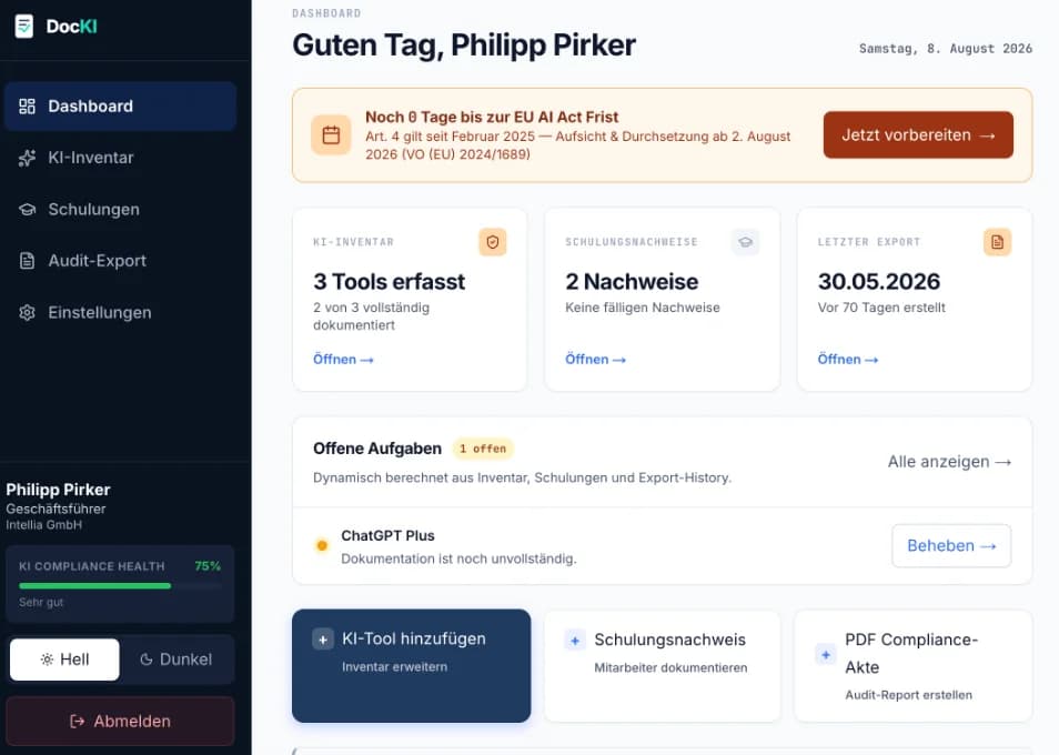 Dashboard von DocKI mit KI-Inventar, Schulungsnachweisen und Audit-Export