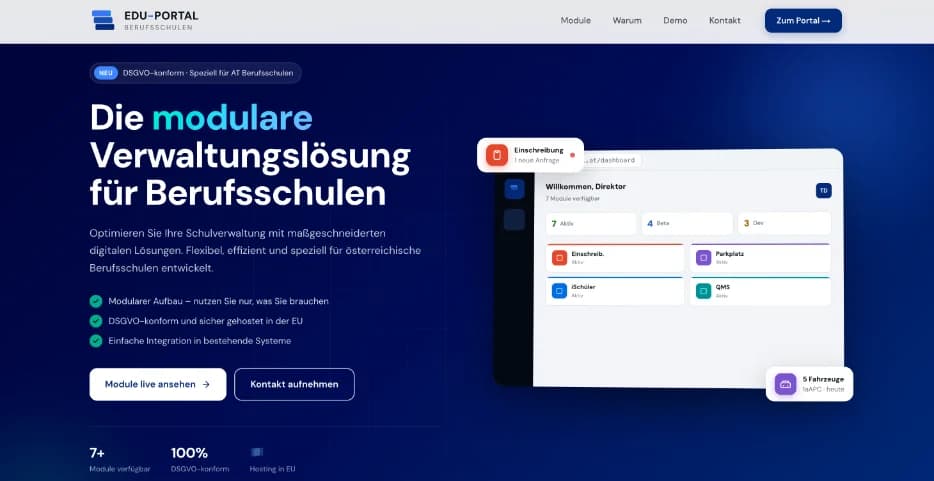 Startseite des EDU-Portals: Die modulare Verwaltungslösung für Berufsschulen